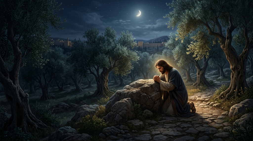 Jesus praying in the Garden of Gethsemane among olive trees